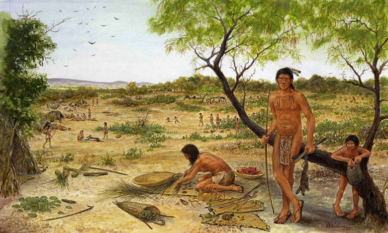 Artist rendering of two people in native dress, one standing and one kneeling.