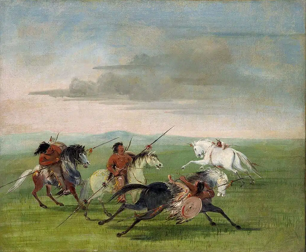 An oil painting of three Comanche on horseback.